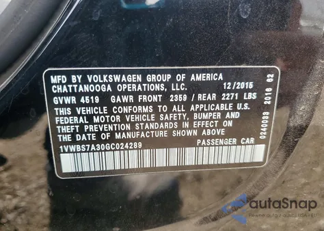 2016 Volkswagen Passat Se z USA, uszkodzony, nr VIN 1VWBS7A30GC024289